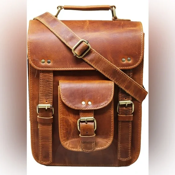 Leather Messenger Bag Vintage Laptop Crossbody Bag Satchel - Picture 1 of 5